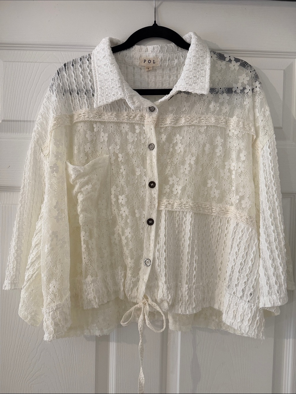 POL Ivory Lace Button-Down Shirt Jacket